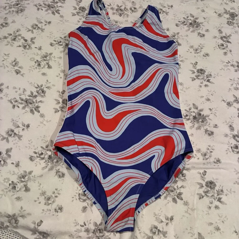 NWOT $218 Sz Medium TORY BURCH SPORT ONE-PIECE SWIMSUIT Patriotic Swirl